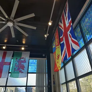 Flags inside and pretty stained glass