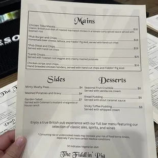 Back of the menu