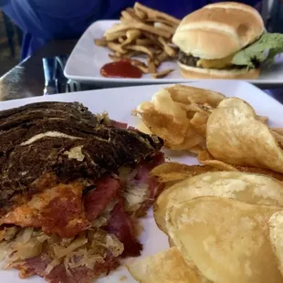 3rd pound cheeseburger and homemade fries Reuben sandwich and homemade chips