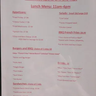 The FieldHouse Sports Grill &amp; Taps Menus  Lunch daily 11 am - 4 pm Mon - Thur 11 am - 9 pm Fri - Sat 11 am - 10 pm Closed on Sundays