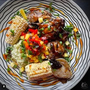 Teriyaki Chicken with Cilantro Rice, Grilled Corn and Mango Salsa.