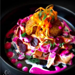 Goat Cheese Fritters with a Sweet Beet Infused Cream Sauce