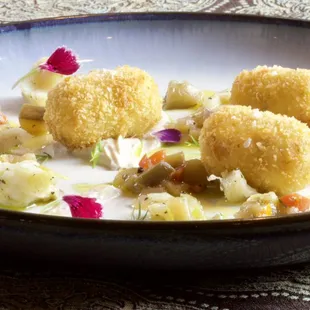 Seafood Croquettes with Pineapple Gastrique, Vegetable Relish, and Smoked Paprika Oil