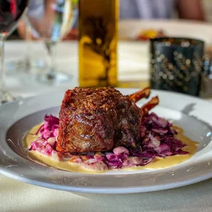 Elk Chop, Bacon Braised Red Cabbage, Herb Spaetzle, Boursin-Dijon Cream Sauce / Bordeaux