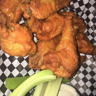 Spicy garlic wings - okay. I would ask for more sauce next time.