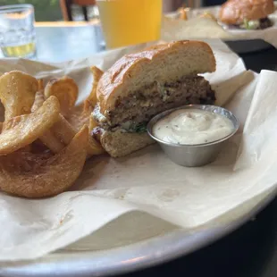 Jaguar Burger split and an IPA in the background