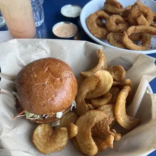 Salmon on brioche with fries