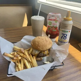 Handcut Tallow fries and a gluten free carnivore burger with a root beer float