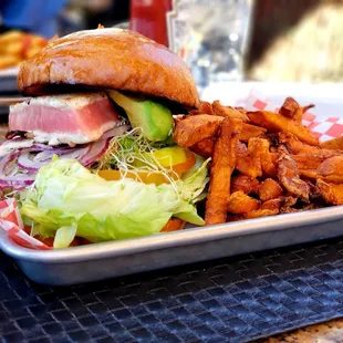 Ahi burger with sweet potato fries