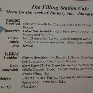 the menu for the filling station cafe