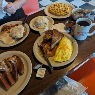 Steak and Eggs, Apple Pie French Toast, Build Your Own Omelette and Blueberry Waffle