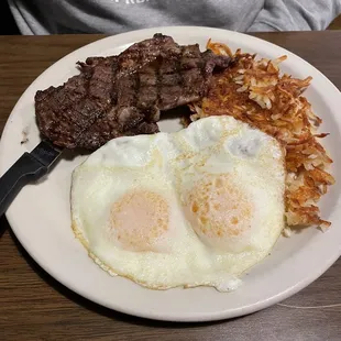 Steak and eggs and hash browns
