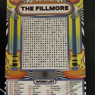 Cute and smart crossword to promote upcoming shows at The Fillmore in the restaurant room.
