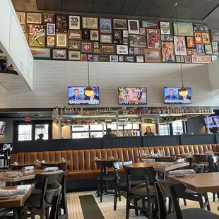 Indoor eating area with Cincy-themed decorations