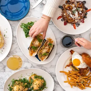 Brunch: Croque Madame, Brunch Tacos, Bruleed Bananas French Toast, 44 Farms Double Smash Burger