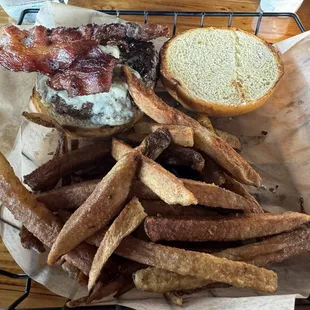 Black and blue burger with fries