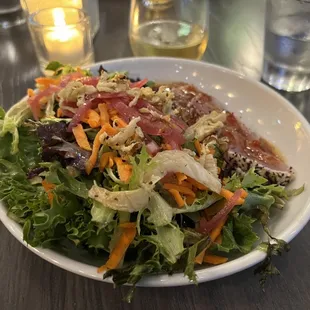 Ahi salad. Fresh ahi, greens and toppings, with light sesame dressing
