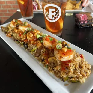 Firepit Sweet Heat Grilled Shrimp over delicious charred veg fried rice.