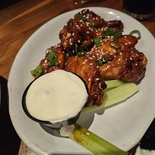 Korean style wings - firepit sauce wings not pictured.    House blue cheese dressing - so good!