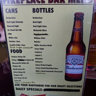 Canned/bottled beer and food menu.