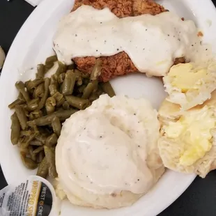 Chicken Fried Steak, mashed potatoes and green beans