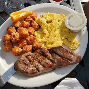 Steak &amp; Eggs w/sweet potato puffs. Yum!