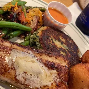 Grilled mahi with a spinach cake and seasoned, sauteed green beans @ The Fish Company on Atlantic Blvd.