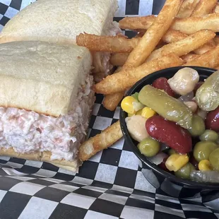 Lobster Roll with fries and homemade bean salad