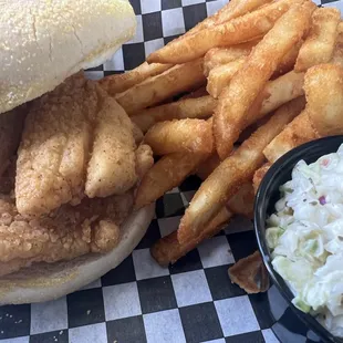 Fried Grouper Sandwich, fries and coleslaw
