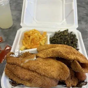 Catfish, Mac and cheese, and collard greens