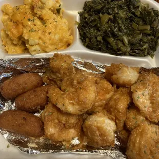 Bang bang shrimp, Hushpuppies, Mac N&apos; Cheese, Collards - Delicious!