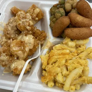 Bang bang shrimp, hushpuppies, fried okra, and Mac and cheese