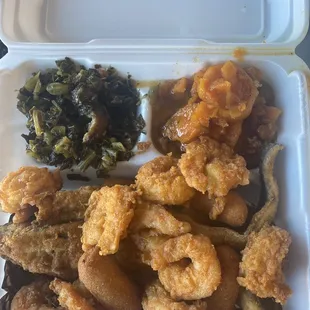 Whiting, shrimp, greens, candied yams, hush puppies