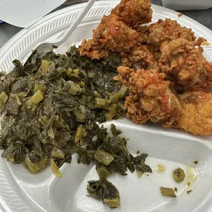 Fried oysters, a few fried shrimp &amp; collards