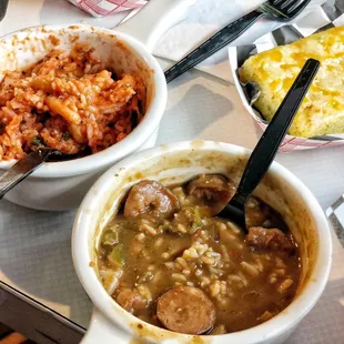 Gumbo (in front) was good. Jambalaya (back left) tasted like spaghetti.