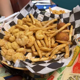 Our Shrimp, fries, and hush puppies!