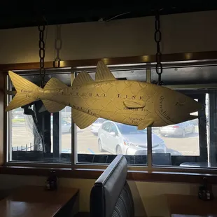 Wooden fish hanging inside restaurant