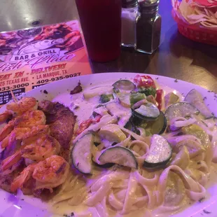 Grilled Red Snapper, Shrimp, Linguini and vegetables.  Delicious!