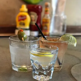 a shot of a fishbowl and a shot of vodka