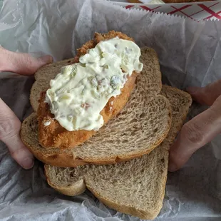 Cod sandwich  with rye bread and tartar sauce
