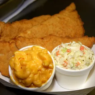 Boston Scrod platter with macaroni and cheese and cole slaw