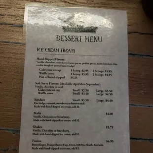 Dessert menu