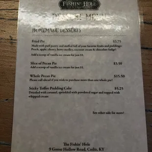 Dessert menu
