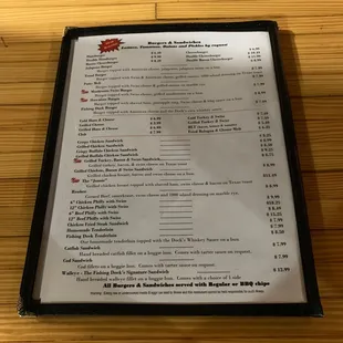 Menu- Burgers and sandwiches