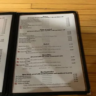 Menu- dinners, steals &amp; seafood, baskets, Dillas, hot sandwiches