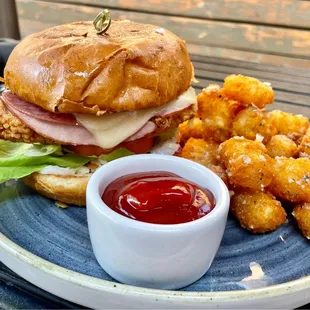 Chicken Cordon Blue Sandwich with truffle tots