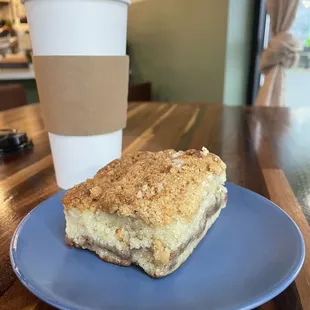 a piece of cake on a blue plate