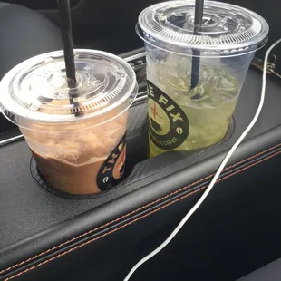 Snickers drizzle (medium) on the left &amp; Italian soda (large) on the right.
