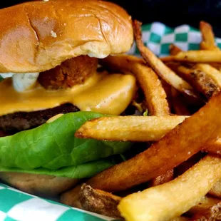 Popper cheeseburger and fries