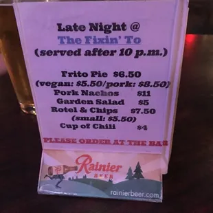 Late night menu.